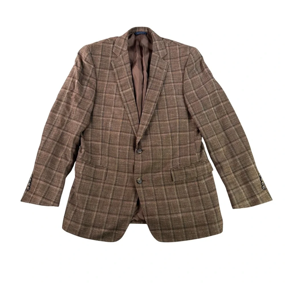 Brooks Brothers Sport Coat Mens 42L Brown Regent Plaid Wool Silk Linen E. Thomas